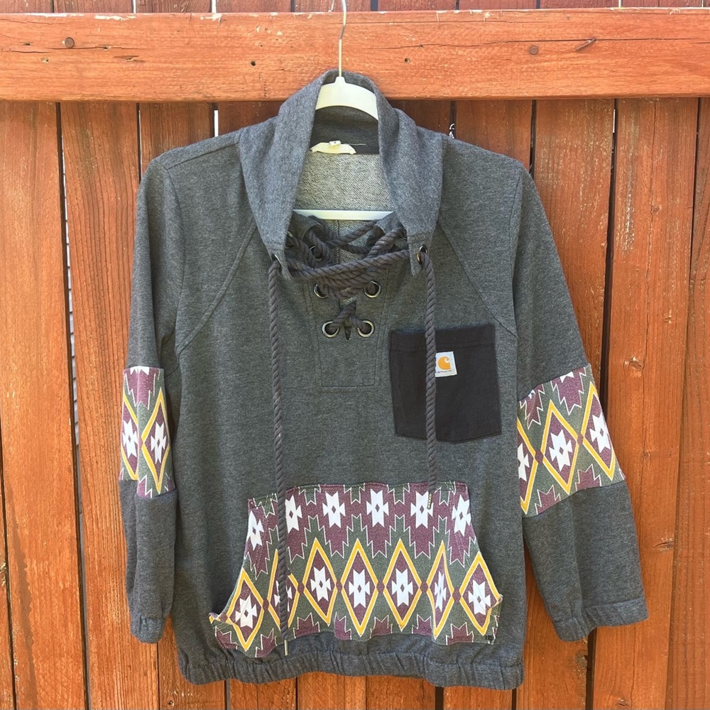 Gray Hooded Sweatshirt with Patterned Sleeves